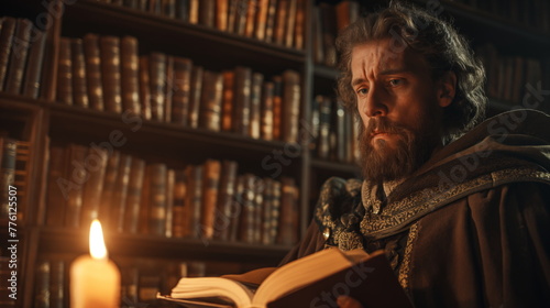 bearded wizard in red robes examines a book amid shelves of tomes photo