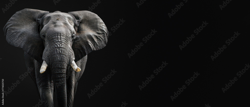Frontal shot captures the elephant’s dignified pose and intricate skin against a dark backdrop
