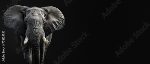 Frontal shot captures the elephant’s dignified pose and intricate skin against a dark backdrop © Fxquadro