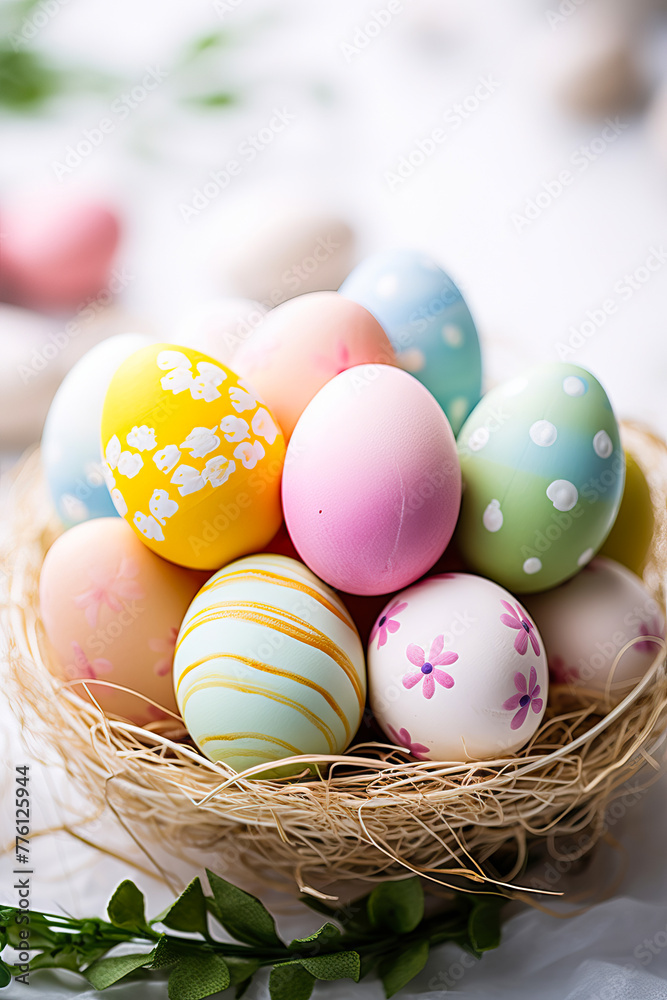 Easter card with colorful eggs in a nest, Happy Easter concept with space for text
