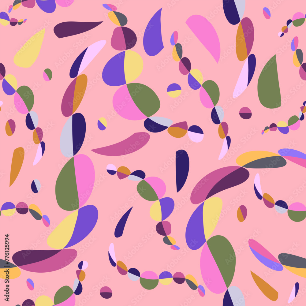 Abstract pattern of deformed shapes on pink background.