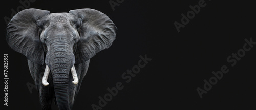 This image captures the majestic beauty of an elephant with great detail against a stark, black background, emphasizing its features