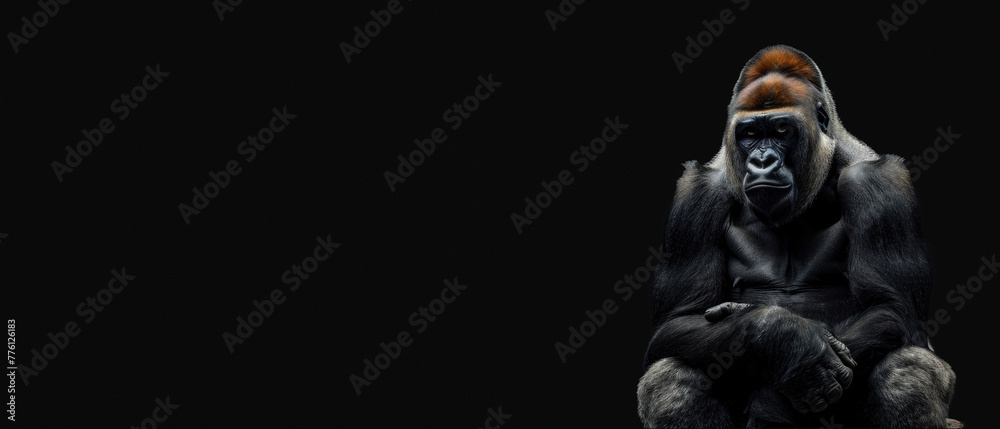 This composition shows a strong, contemplative gorilla seated, juxtaposed with a vast black space, evoking a sense of solitude