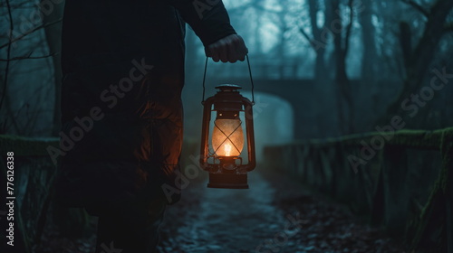 person stands in a dark forest, holding a lantern to illuminate the surroundings