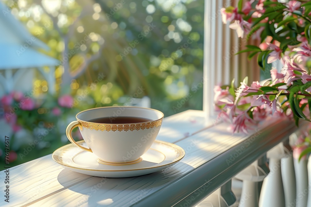 Elegant tea time, a porcelain cup adorned with gold on a serene veranda