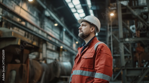 Professional Heavy Industry Engineer Worker, Wearing Safety Uniform and Hard Hat. Serious Successful man Industrial Specialist Walking in Metal Manufacture Warehouse. Factory