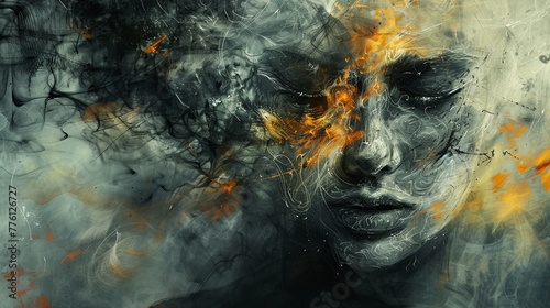 Abstract image of a woman’s serene face with soft colours and flowing lines, evoking peace, stillness, and inner calm. Generated AI.