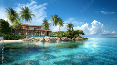 Luxury villa nestled on a private island surrounded by turquoise sea © Mars0hod