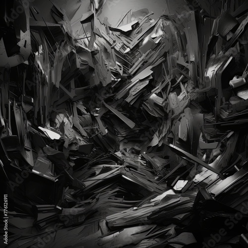 A haunting black-and-white abstract painting of a solitary figure engulfed in swirling, chaotic brushstrokes, evoking emotion and mystery.
