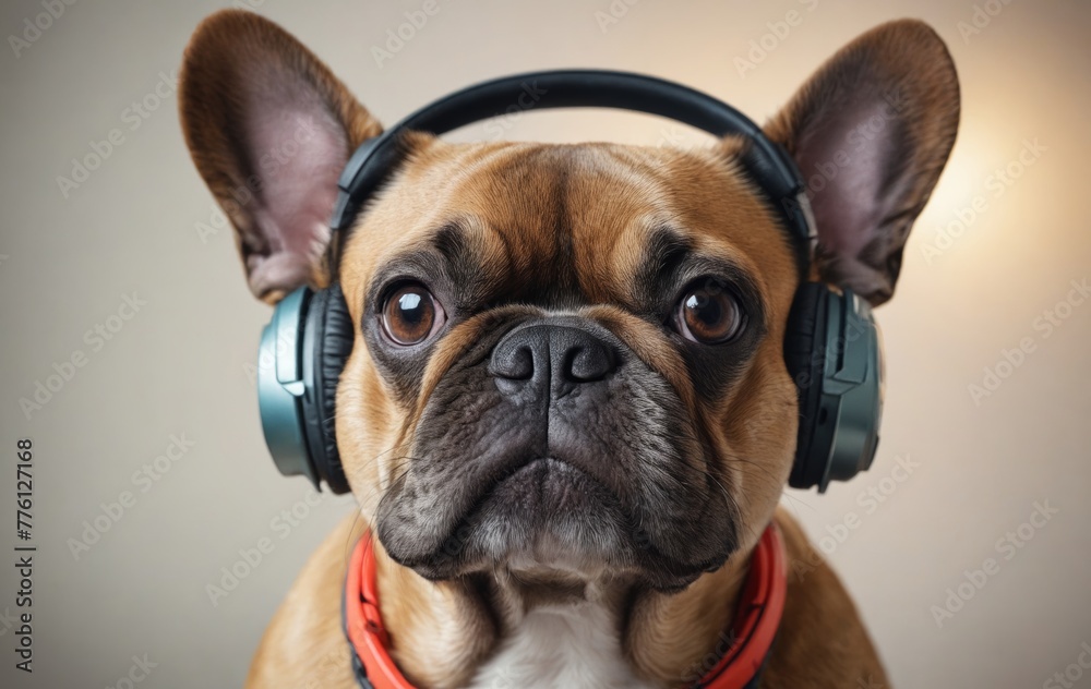 French bulldog with headphones listening to music. Close-up.