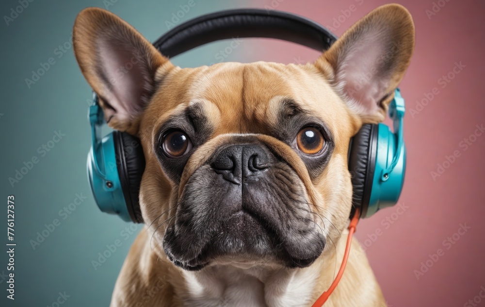 Fawn French Bulldog wearing headphones on pink background