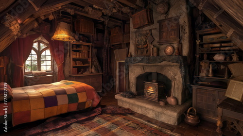 Warm and inviting room featuring a lit fireplace  comfortable bedding  and antique furnishings