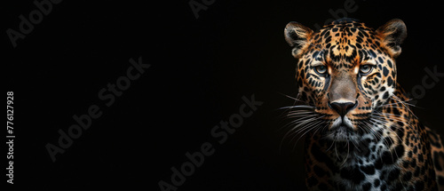 High-quality photo depicting a jaguar's intense stare, accentuated by the use of a high-contrast black backdrop