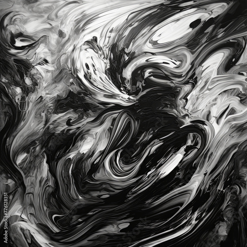 A haunting black-and-white abstract painting of a solitary figure engulfed in swirling, chaotic brushstrokes, evoking emotion and mystery.