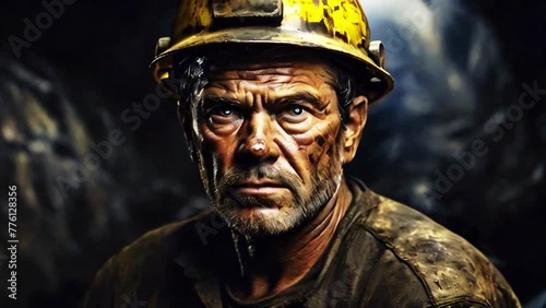 Portrait of a coal miner in protective helmets are working and extracting essential energy resources. Generated with AI photo