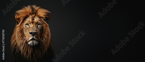 An intense portrait of a lion, the king of the jungle, staring solemnly off-camera against a deep, dark background highlighting his grandeur © Fxquadro