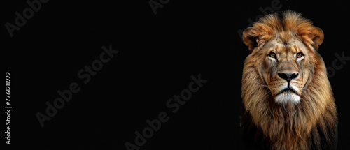 Detailed close-up of a lion’s face shows the depth in its eyes and an aura of regal command over its domain on black © Fxquadro
