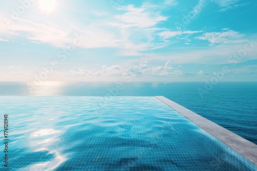 Luxurious Infinity Pool Overlooking Ocean  Tropical Paradise 3D Render  Relaxing Vacation Destination in Exotic Location.