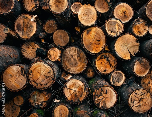 Harvested logs stacked in a serene forest landscape