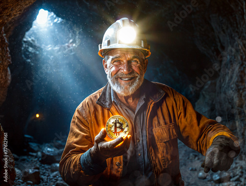 Alter Mann hält einen Bitcoin in seiner Hand