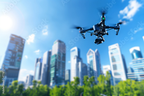 Drone flying on skyscrapers in modern city, innovation smart technology.