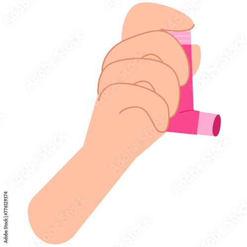 A hand holds an asthma inhaler. World Asthma day. Allergy, asthmatic. Inhalation medicine.