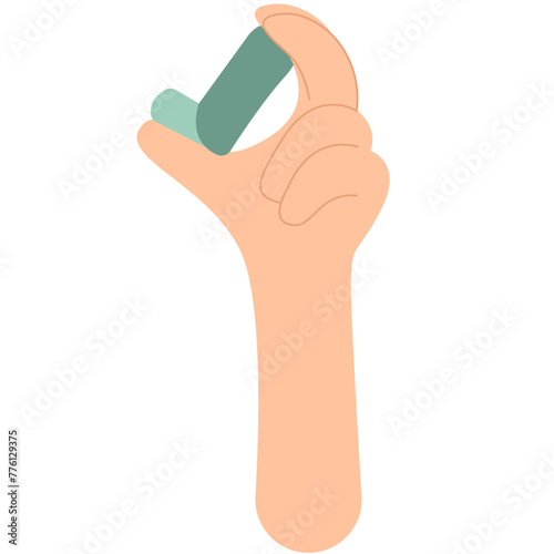 A hand holds an asthma inhaler. World Asthma day. Allergy, asthmatic. Inhalation medicine.
