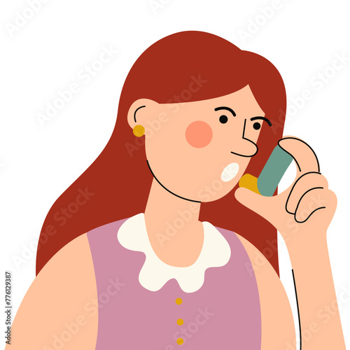 Woman using asthma inhaler. World Asthma day. Allergy, asthmatic. Inhalation medicine.