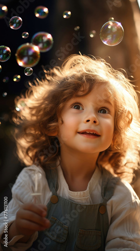  curly girl blowing soap bubbles, looking up, vertical frame