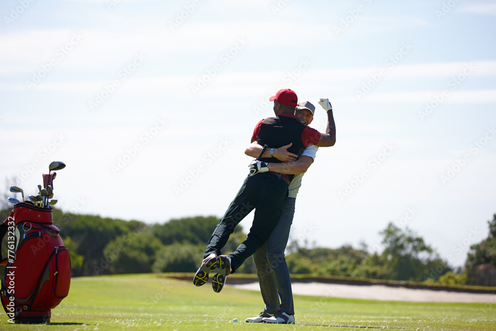 Naklejka premium Men, hugging and golf course for victory, sports and game challenge for hobby in summer travel outdoor. Golfer or friends and excited with equipment for celebration win on field on trip on vacation