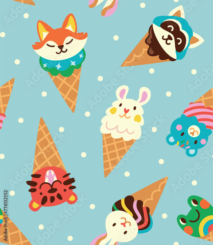 Cute cartoon faces animals in waffle cones. Yummy ice cream. Seamless pattern design
