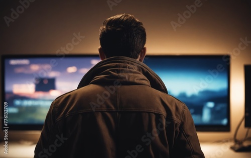 A man in a leather jacket gestures towards a computer screen in a room