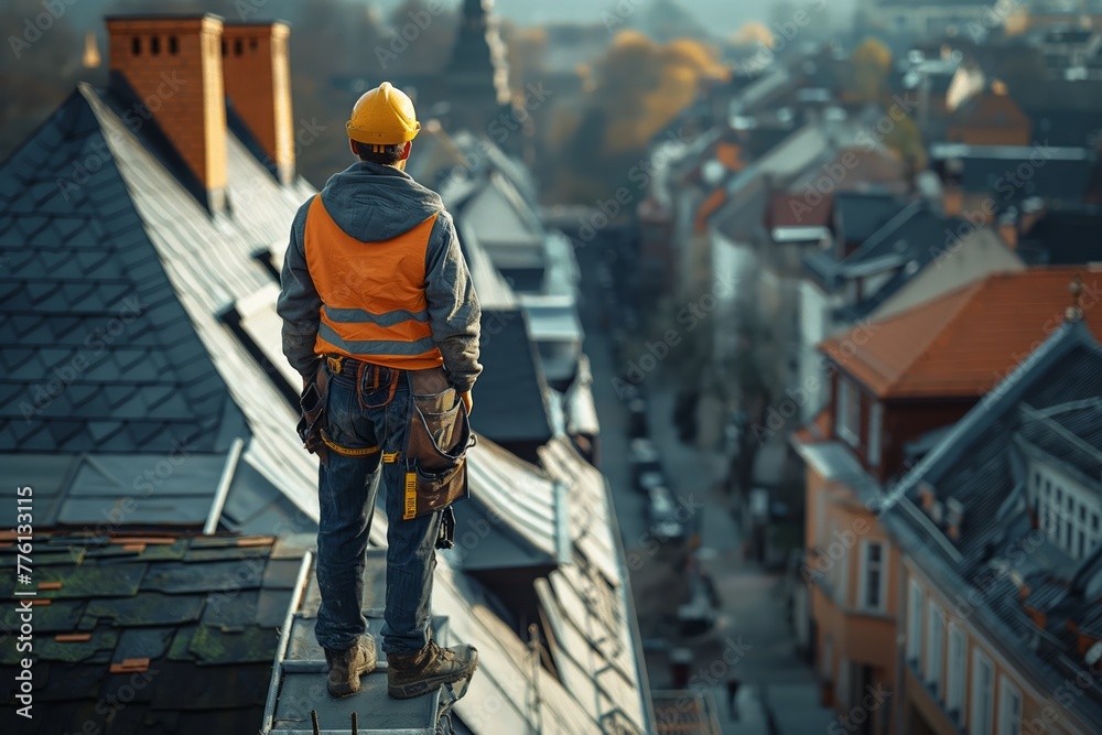 Engineer on a construction site at sunset. Working on the roof. roof repairman inspection of the roofs of multi-storey buildings in the city center. European architecture. back view of the city Engineer on a construction site at sunset. Working on the roof. roof repairman inspection of the roofs of multi-storey buildings in the city center. European architecture. back view of the city