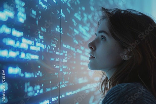 Young woman gazing intently at a screen displaying matrix-style digital code