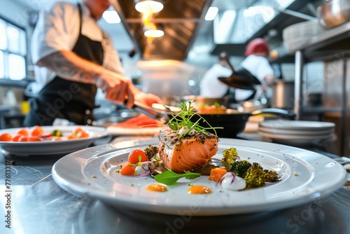 Plated salmon dish with garnishes in a busy professional kitchen setting