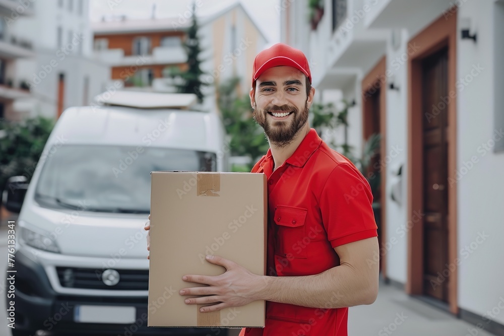 Delivery man in red uniform smiling and carrying a parcel beside a delivery van. Delivery man in red uniform smiling and carrying a parcel beside a delivery van.