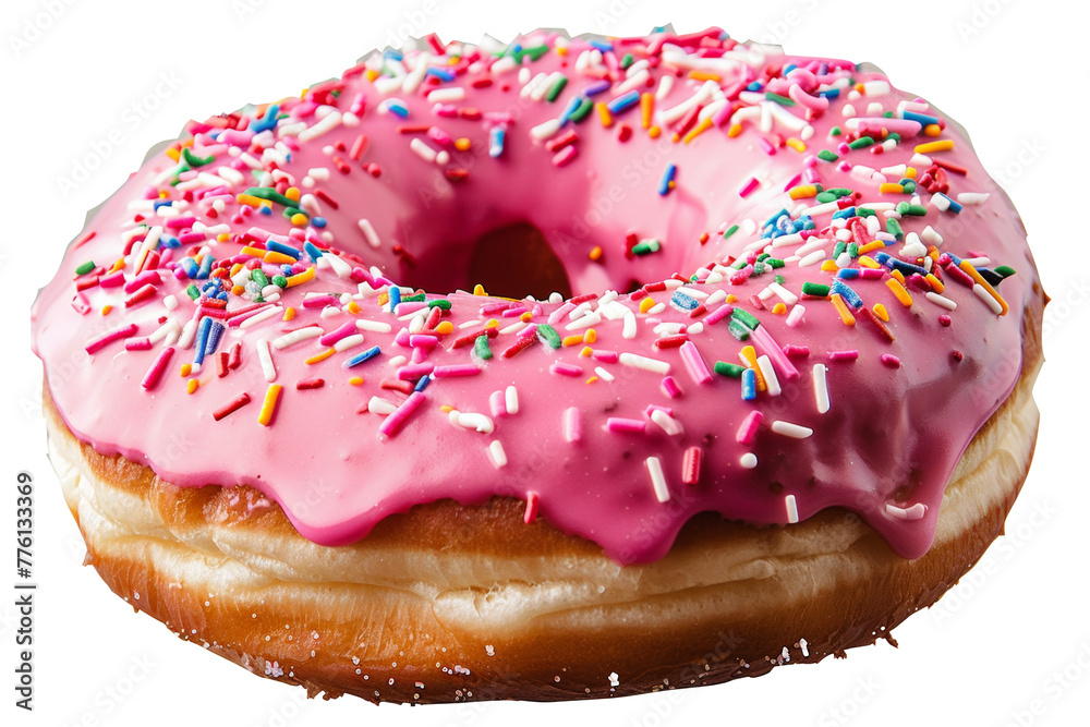 Pink frosted donut with colorful sprinkles isolated on transparent background Pink frosted donut with colorful sprinkles isolated on transparent background