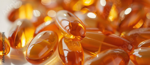  Fish oil omega-3 yellow capsules close up. Health care theme.
