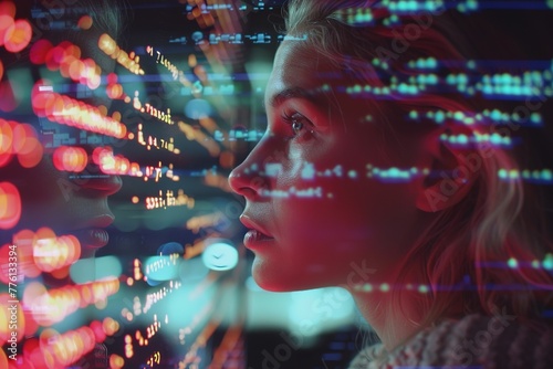 Woman's face illuminated by colorful digital data lights reflecting a concept of technology and future