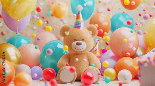 oyful Teddy Bear with Party Hat Surrounded by Balloons