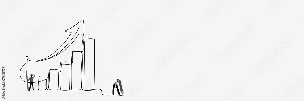 Employees drawing graph with arrow going upwards symbolizing collective efforts, achievements. Creative design. Single line drawing. Concept of business, growth, success, teamwork, promotion - obrazy, fototapety, plakaty 