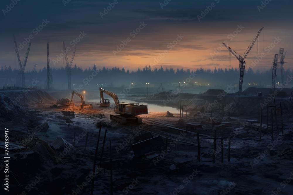 Construction site at dawn, Quiet construction site at dawn, Crane and building construction site , AI generated Construction site at dawn, Quiet construction site at dawn, Crane and building construction site , AI generated
