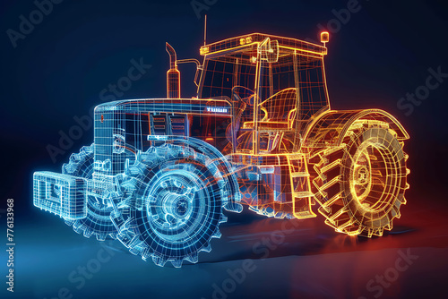 Elegant wireframe-based visualization against a radiant translucent backdrop, featuring the robust silhouette of a tractor, perfect for agriculture-themed designs and modern technology concepts