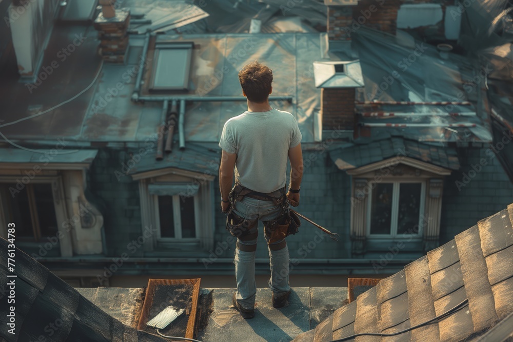 Engineer on a construction site at sunset. Working on the roof. roof repairman inspection of the roofs of multi-storey buildings in the city center. European architecture. back view of the city Engineer on a construction site at sunset. Working on the roof. roof repairman inspection of the roofs of multi-storey buildings in the city center. European architecture. back view of the city