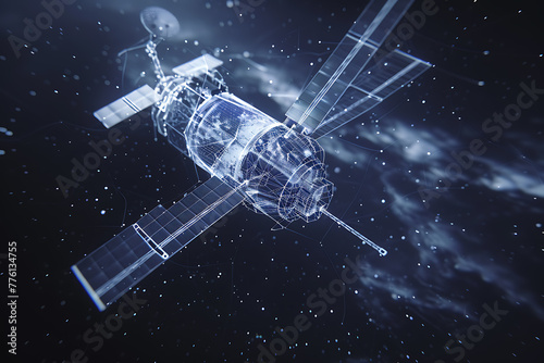 Stunning wireframe-based visualization against a radiant translucent backdrop, featuring the sleek silhouette of a satellite, perfect for futuristic designs and technology-themed projects