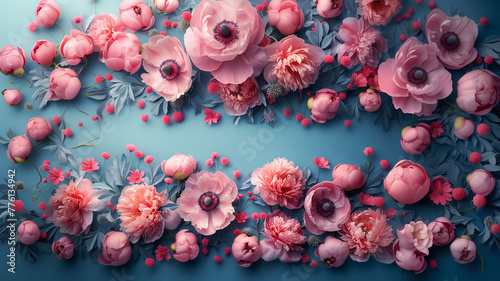 Fototapeta Naklejka Na Ścianę i Meble -  Pink peony flower on blue background with copy space for greeting message. Mother's Day, birthday and spring background concept. Floral frame for congratulations. Beautiful floral design of peonies