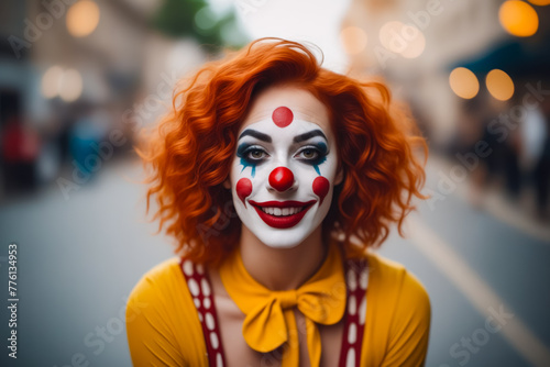 A woman in a clown costume with red hair and a red nose. She is smiling and posing for the camera