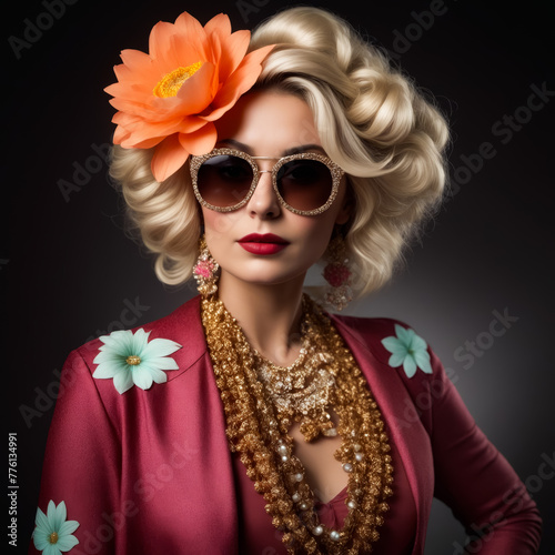 A woman with blonde hair and a flower in her hair is wearing a pink dress and sunglasses. She is wearing a necklace and earrings
