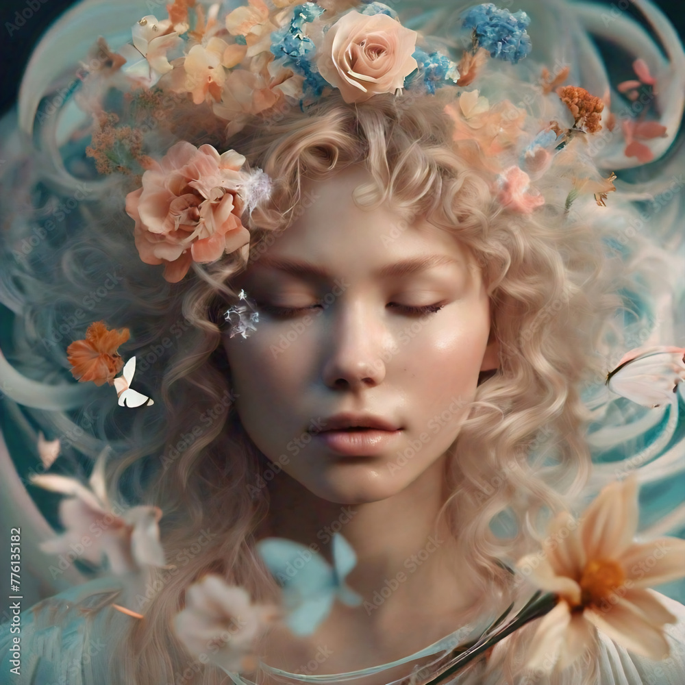 Fantasy portrait of a beautiful blond girl with closed eyes surrounded by colorful flowers.