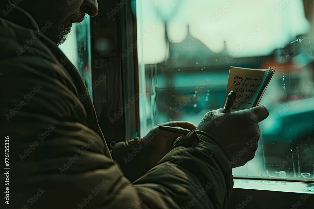 A man writing a note, white and grey.
A man writing a note, white and grey.